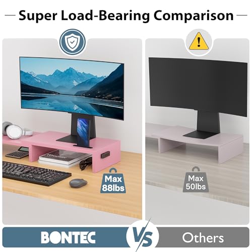 Dual Monitor Stand Riser with Smartphone Holder, Adjustable Wooden Desktop Organizer P70793