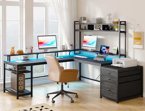L Shaped Gaming Desk with Storage Shelves and LED Light U926701