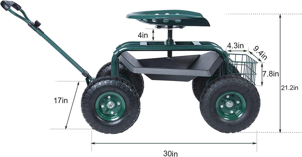 Garden Stool Cart with Tool Tray and Storage Basket on Wheels S436464