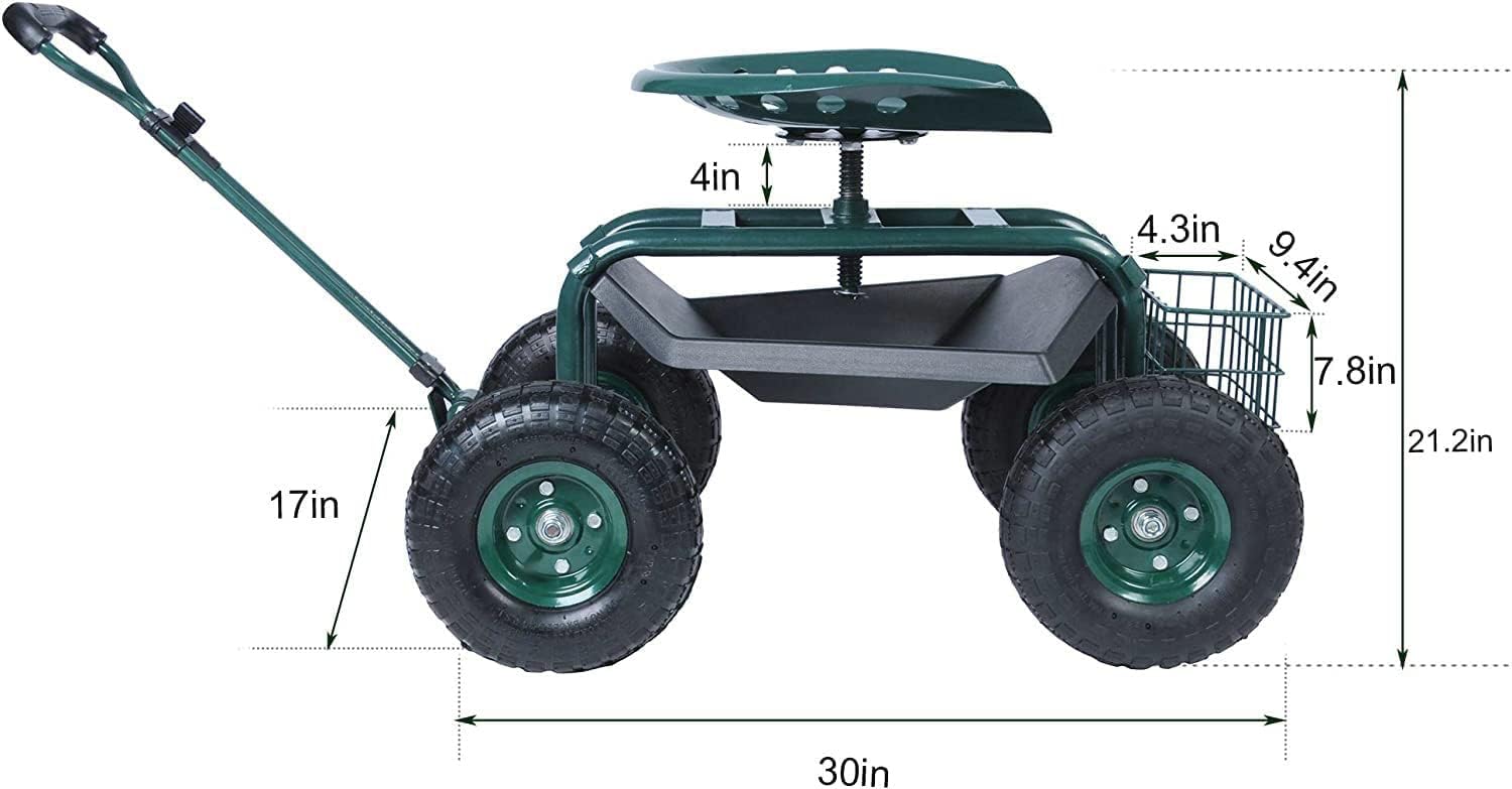 Garden Stool Cart with Tool Tray and Storage Basket on Wheels S436464