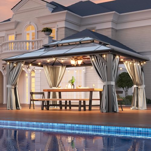 12x16 Hardtop Gazebo with Netting and Curtains, Aluminum Frame, Polycarbonate Roof N71921