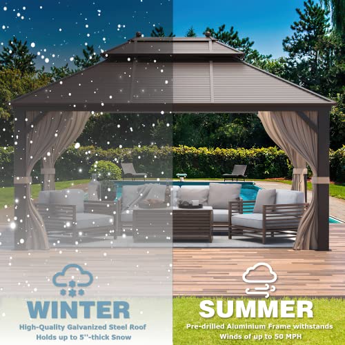 12x16 ft Hardtop Gazebo with Galvanized Steel Roof, Curtains and Netting V821