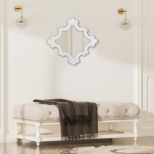 Distressed White Carved Wood Wall Mirror, 21x24 Inch, Farmhouse Style Y98281