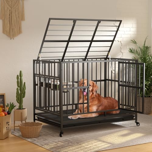 48" Heavy-Duty Dog Crate with Wheels and Dual Adjustable Bowls F169