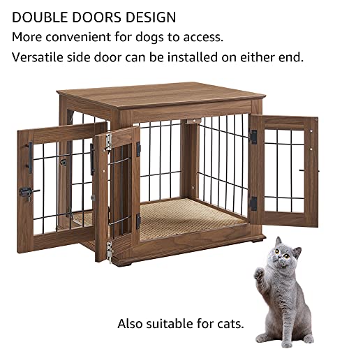 Wooden Dog Crate End Table with Double Doors and Pet Bed T245171