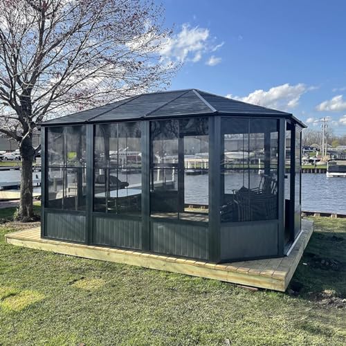 10 x 10 ft Hardtop Gazebo with Netting and Curtains, Galvanized Steel Roof for Patio and Garden X50618