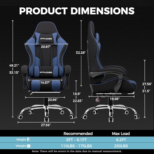 Gaming Chair with Footrest and Lumbar Support, Height Adjustable, 360° Swivel, Blue U7447