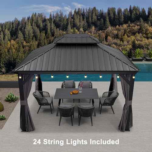 10' x 14' Permanent Hardtop Gazebo with Galvanized Steel Double Roof, Curtains and Netting Included M96664