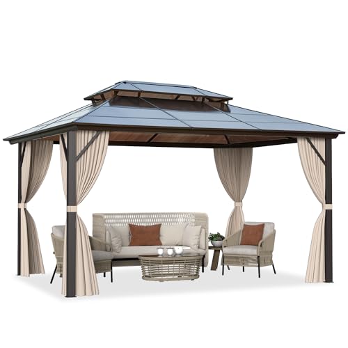 10'x13' Hardtop Gazebo with Polycarbonate Double Roof, Aluminum Frame, Curtains and Netting N263