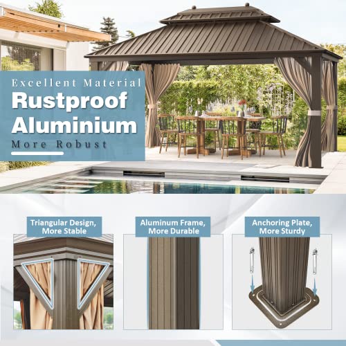 10'x13' Hardtop Gazebo with Polycarbonate Double Roof, Aluminum Frame, Curtains and Netting N263