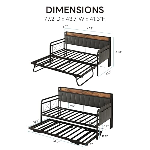 Daybed with Trundle and Storage Headboard, Twin Size, Grey M473750