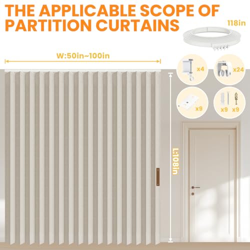 Accordion Room Divider Curtains with Ceiling Track, Grey, W100 x L84 J296