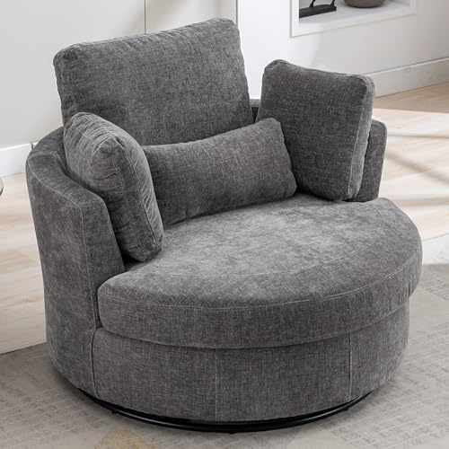 Oversized Swivel Barrel Chair with Ottoman, Chenille, Beige X252712