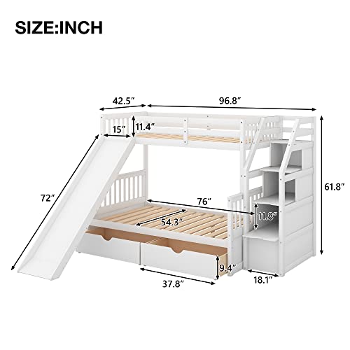 Twin Over Full Bunk Bed with Slide and Stairs for Kids E212