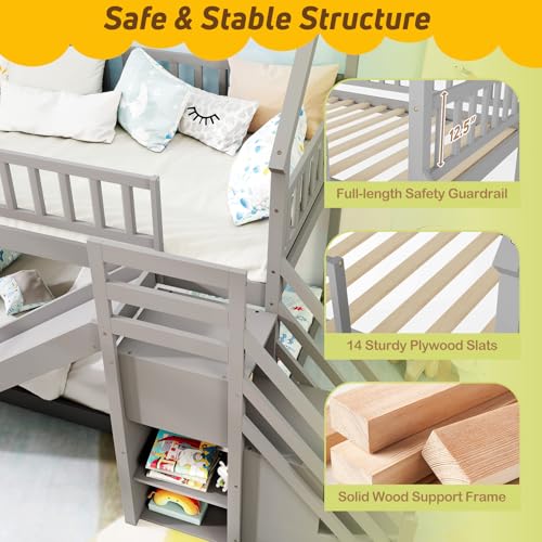Twin Over Twin Bunk Bed with Slide and Stairs, Wood, White F9999