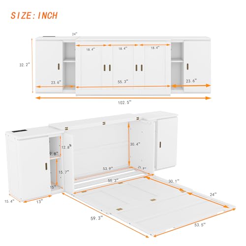 Murphy Bed Chest with Shelves, Foldable Wood Platform Bed Frame I45495