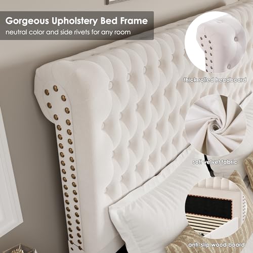 Velvet Upholstered King Bed Frame with Tall Headboard and Storage Drawers L58367