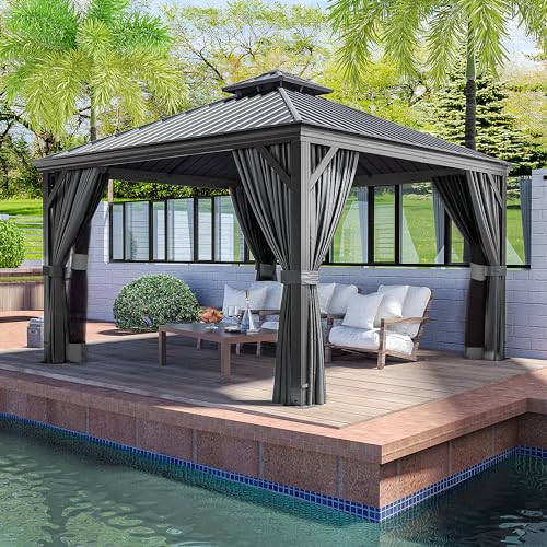 10 x 12 ft Hardtop Gazebo with Netting and Curtains, Double Roof Metal Canopy for Patio I7305