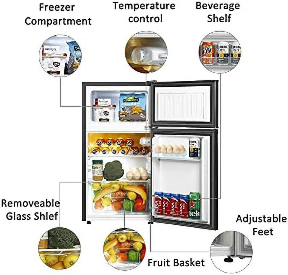 Mini Fridge with Freezer, 2 Door Compact Refrigerator, Low Noise for Bedroom, Dorm, Office (Black) A434