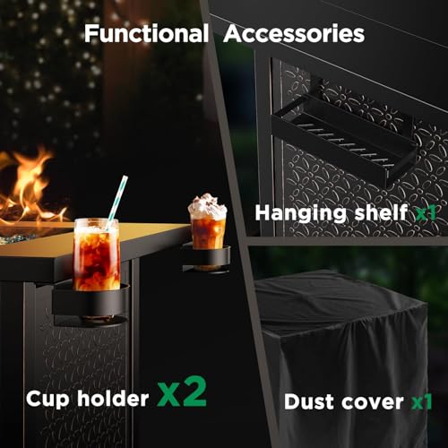28" Fire Pit Table, Propane with Cup Holders & Hanging Shelf, 50,000 BTU, Glass Stones & Dust Cover T91414
