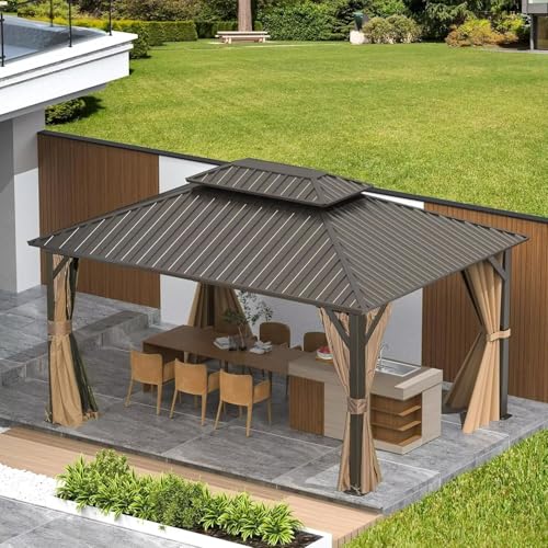 10 x 10 ft Hardtop Gazebo with Netting and Curtains, Galvanized Steel Roof for Patio and Garden X50618