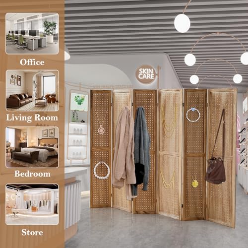 Wooden Pegboard Room Divider, 5.6Ft Folding Privacy Screen P5676