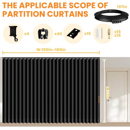 Accordion Room Divider Curtains with Ceiling Track, Grey, W100 x L84 J296