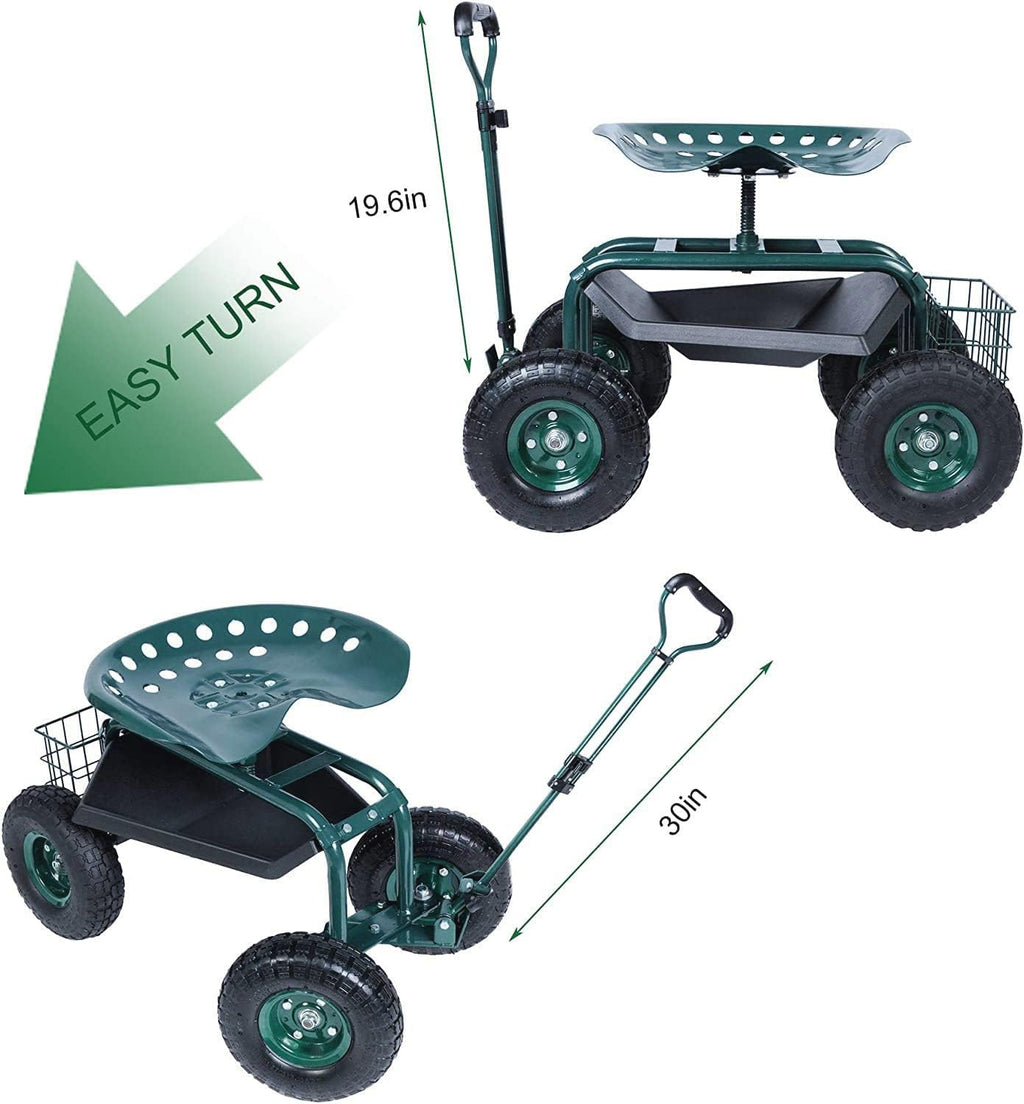 Garden Stool Cart with Tool Tray and Storage Basket on Wheels S436464