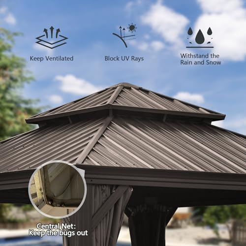 10 x 10 ft Hardtop Gazebo with Netting and Curtains, Galvanized Steel Roof for Patio and Garden X50618