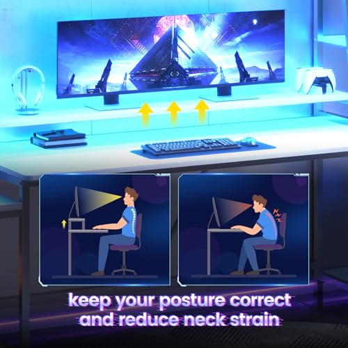 Gaming Desk with LED Lights, Hutch and Storage Shelves, Black R364