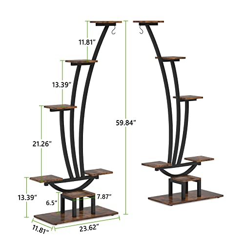 6-Tier Tall Plant Stand, Metal Curved Display Shelf with Hanging Hooks Q77495
