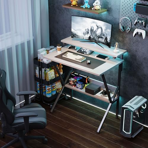 Small Desk with Adjustable Monitor Stand for Small Spaces, Grey D8453
