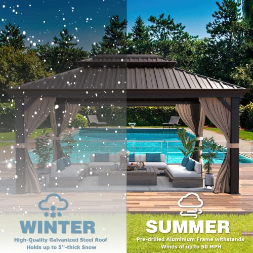 12x16 ft Hardtop Gazebo with Galvanized Steel Roof, Curtains and Netting V821
