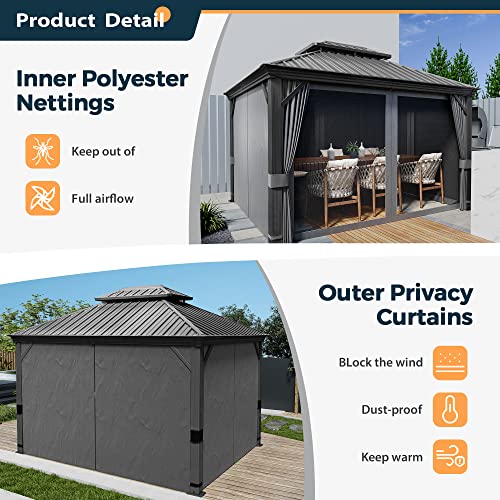 10 x 12 ft Hardtop Gazebo with Netting and Curtains, Double Roof Metal Canopy for Patio I7305