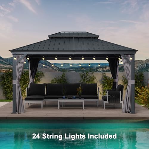 10' x 14' Permanent Hardtop Gazebo with Galvanized Steel Double Roof, Curtains and Netting Included M96664