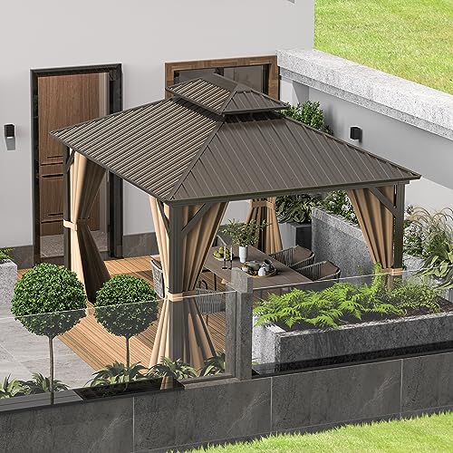 10 x 10 ft Hardtop Gazebo with Netting and Curtains, Galvanized Steel Roof for Patio and Garden X50618