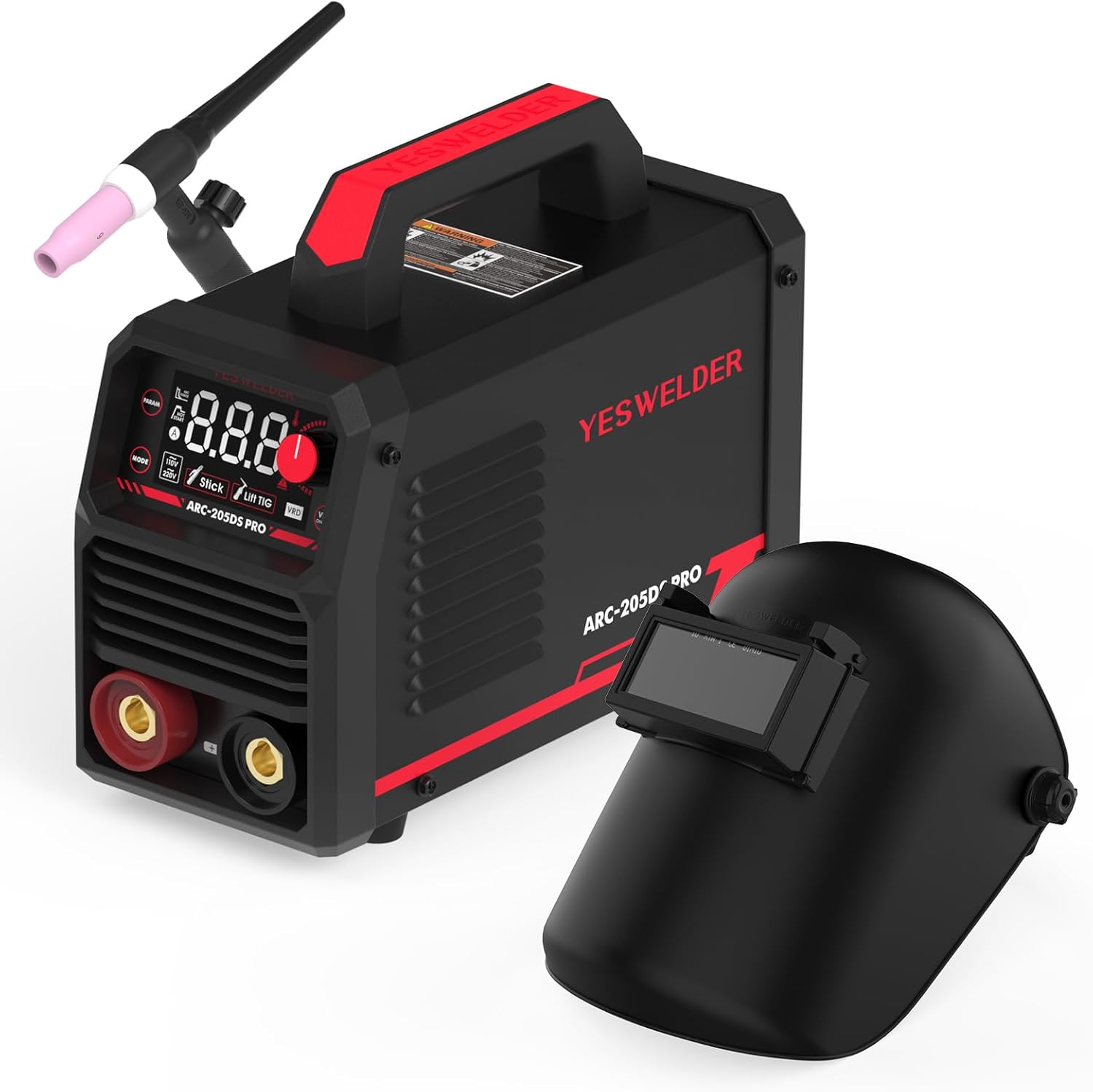 YESWELDER 205Amp Stick Welder with Lift TIG Torch, [Large LED Display] 110V/220V Dual Voltage Portable Welding Machine & Lightweight, Durable Flip Front Welding Hood Helmet