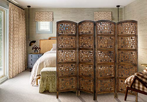 4 Panel Folding Wood Room Divider, Antique Brown, 72 x 80 L396608