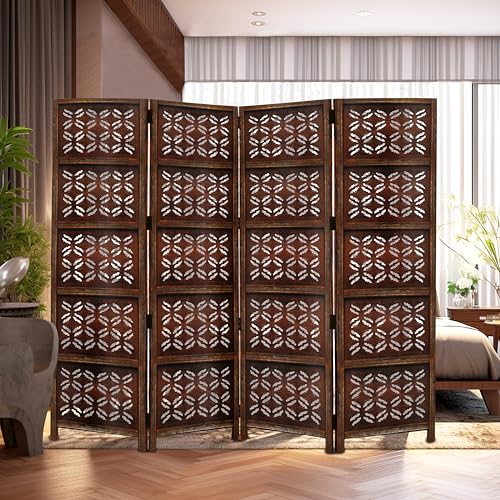 4 Panel Folding Wood Room Divider, Antique Brown, 72 x 80 L396608