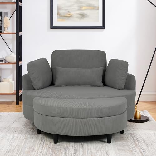 Corduroy Barrel Chair with Adjustable Headrest and Ottoman U714