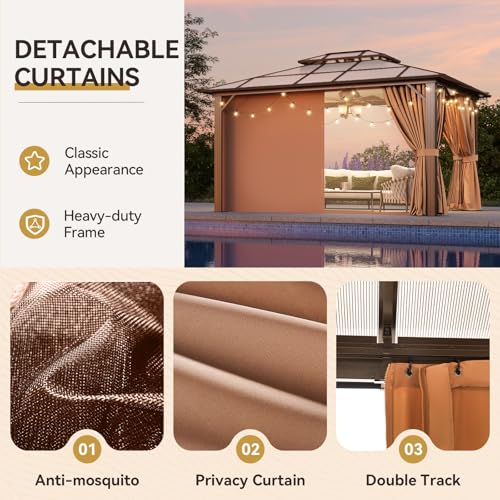 12x16 Hardtop Gazebo with Netting and Curtains, Aluminum Frame, Polycarbonate Roof N71921