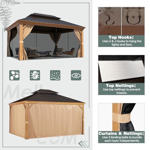 12x16 ft Hardtop Gazebo with Galvanized Steel Roof, Curtains and Netting V821