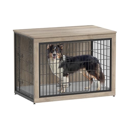 Dog Crate Furniture with Cushion, Heavy-Duty Metal Mesh, Wooden End Table with Double Doors, Indoor Kennel for Small Breed, Grey K856