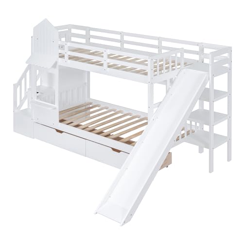 Twin Over Twin Bunk Bed with Stairs and Slide, Solid Wood Frame with Storage Y2445