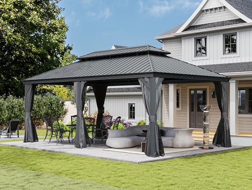 10 x 10 ft Hardtop Gazebo with Netting and Curtains, Galvanized Steel Roof for Patio and Garden X50618