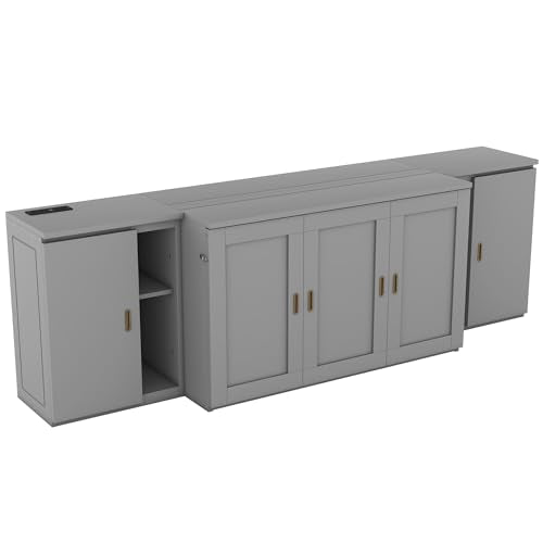 Murphy Bed Chest with Shelves, Foldable Wood Platform Bed Frame I45495