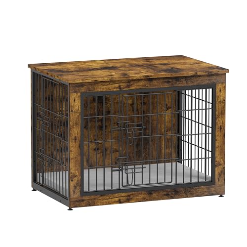 Dog Crate Furniture with Cushion, Heavy-Duty Metal Mesh, Wooden End Table with Double Doors, Indoor Kennel for Small Breed, Grey K856