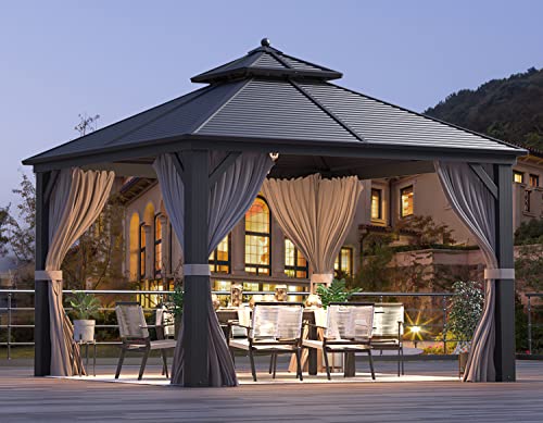 12x16 ft Hardtop Gazebo with Galvanized Steel Roof, Curtains and Netting V821