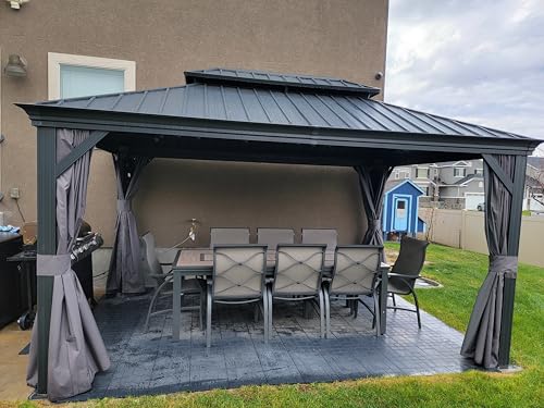 10' x 14' Permanent Hardtop Gazebo with Galvanized Steel Double Roof, Curtains and Netting Included M96664