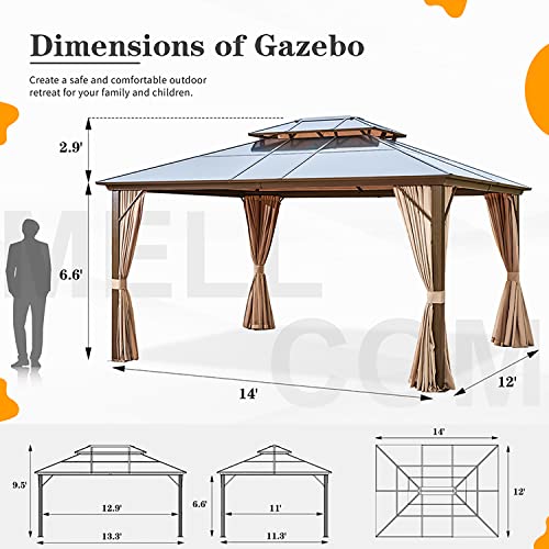 10'x13' Hardtop Gazebo with Polycarbonate Double Roof, Aluminum Frame, Curtains and Netting N263